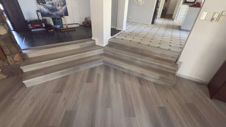 Unique stairs after having hybrid flooring installed.